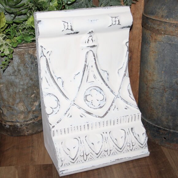 Ornate Shabby White Distressed Metal Tile & Wood Farmhouse Wall Decor Shelf - Picture 2 of 6